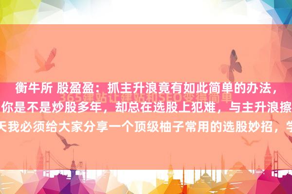 衡牛所 股盈盈：抓主升浪竟有如此简单的办法，99%的股民都不知道！你是不是炒股多年，却总在选股上犯难，与主升浪擦肩而过？今天我必须给大家分享一个顶级柚子常用的选股妙招，学会了，抓短线强势股就像探囊取物！...